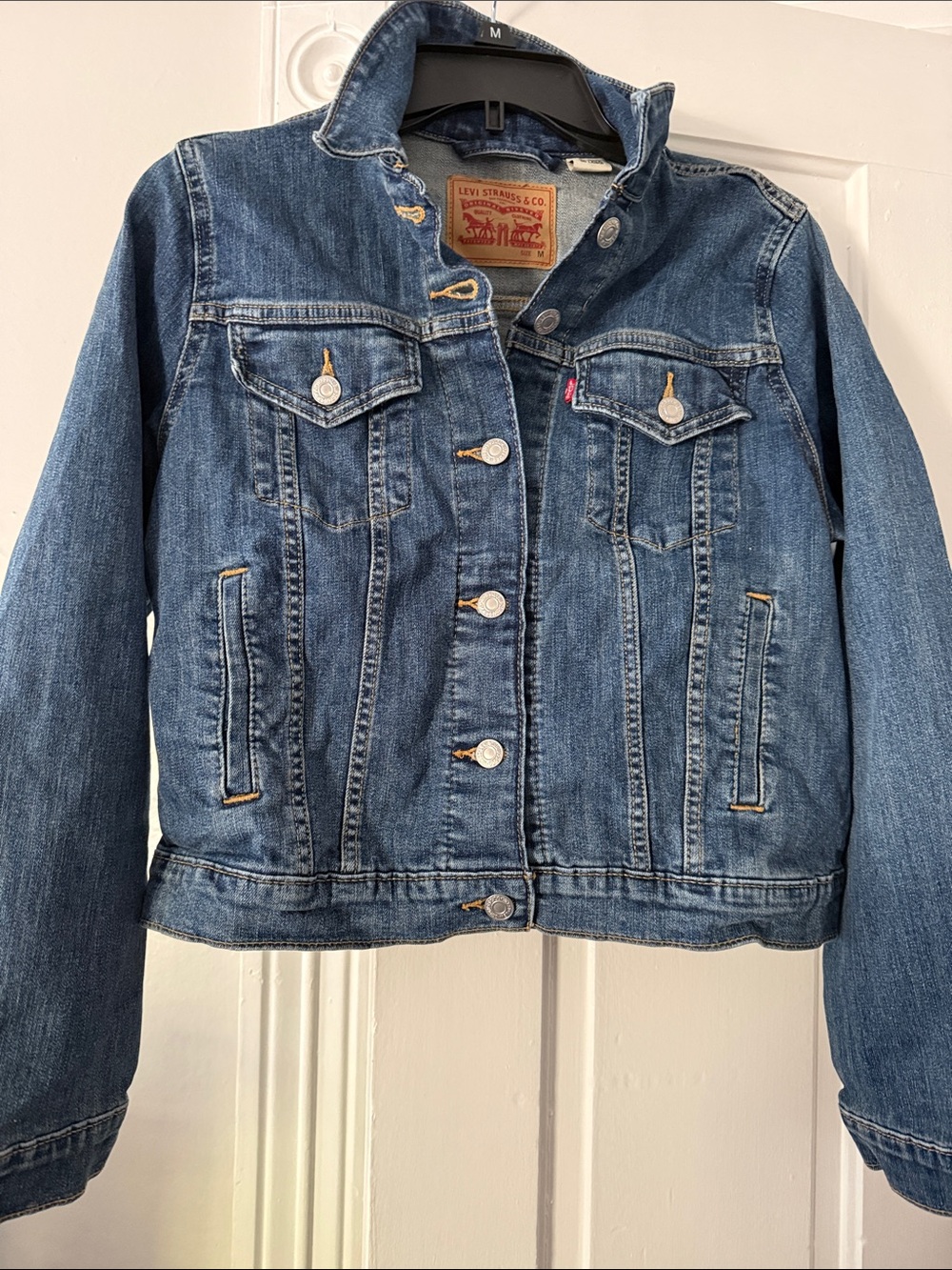 Levi's Blue Denim Jacket with Tan Leather Patch
